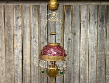 C. 1885 Victorian Brass Hanging Lamp With Cranberry Glass Shade And Crystals; Adjustable Height.