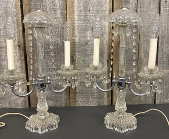 Pair Of Antique Mantel Lusters With Hanging Crystal Prisms; Working Condition. 5"X12"X17"