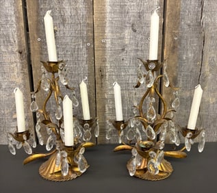 Pair Of Italian Gold Gilt Candle Holders With Hanging Crystal Prisms 10"X15"