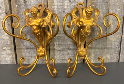 Pair Of Vintage Art Nouveau Gold Wrought Iron Hanging Wall Sconces 6"X8"X15"