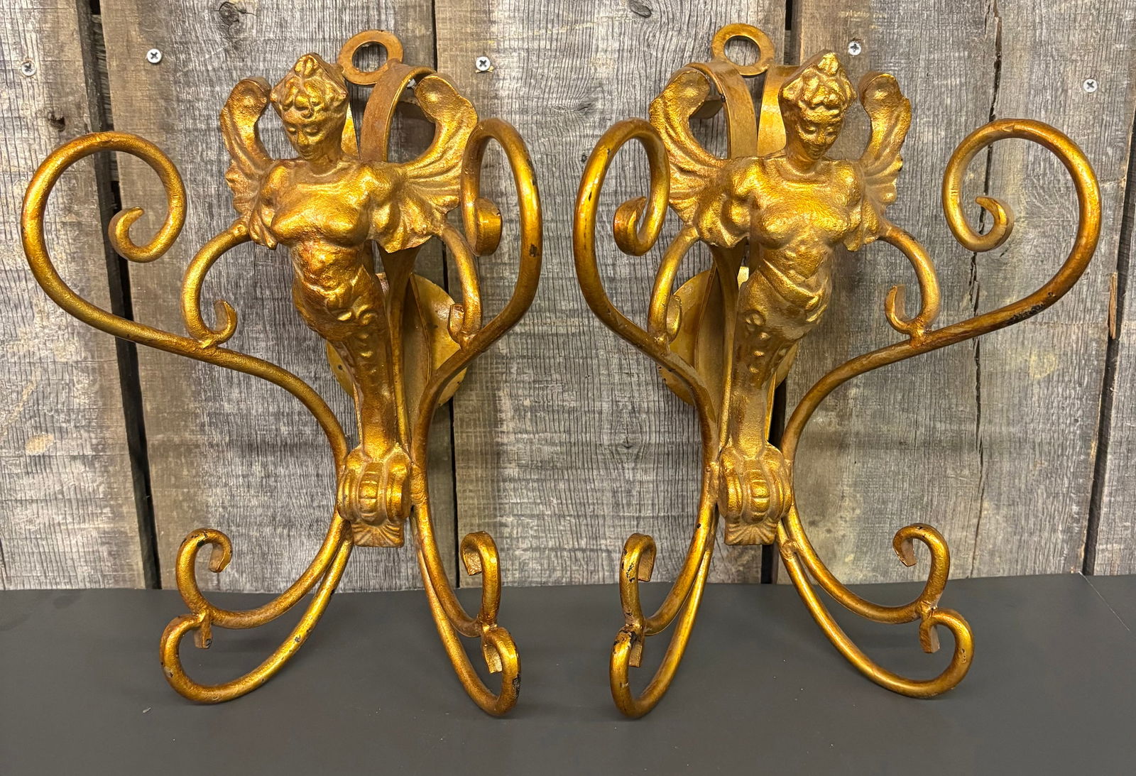 Pair Of Vintage Art Nouveau Gold Wrought Iron Hanging Wall Sconces 6"X8"X15" (1 of 6)