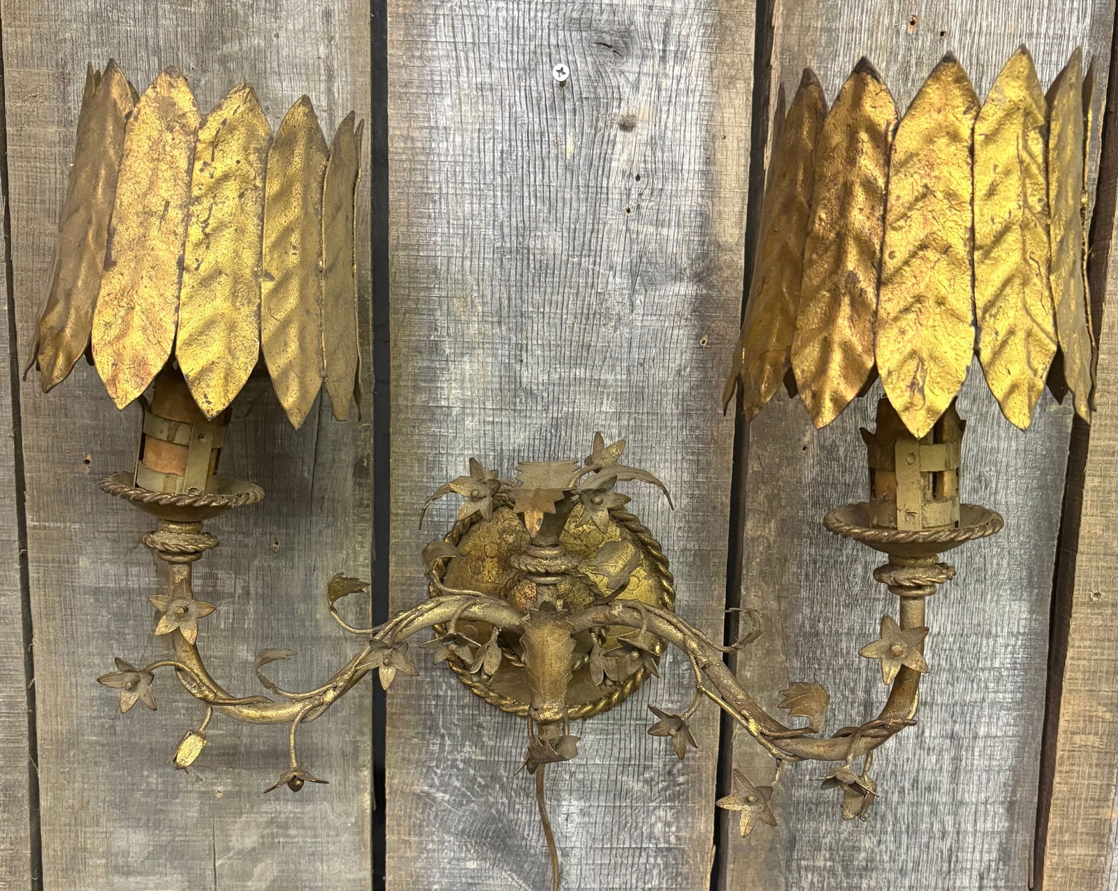 Vintage Italian Gold Gilded Regency Lighting Double Wall Sconce With Floral Decoration In Working (1 of 11)