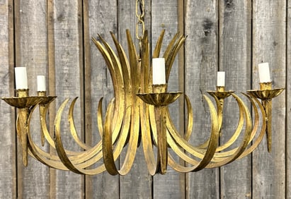 Sculptural Gilt Chandelier C. 1950's - Spanish; Golden Wheat Sheath Chandelier 27"X13"