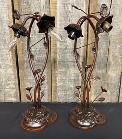 Pair Of Tiffany Style Lily Pad Double Lamp Bases With Bronze Finish 6"X18"