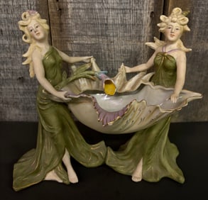Antique Art Nouveau Style Continental Porcelain Shell Figures Centerpiece 6"X12"X9"