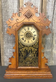 Antique E. Ingraham Co. Carved Gingerbread Style Mantel Clock 5"X14"X22"