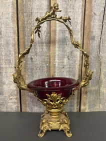 Antique French Louis XV Style Bohemian Ruby Red Glass Bowl Centerpiece With Highly Decorated With