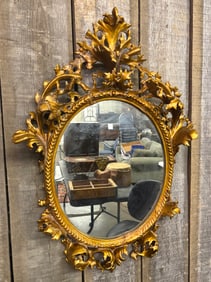 Early Italian Baroque Carved Gilded Wood Oval Wall Mirror 20.5"X30"