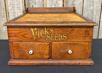 Antique Original Oak Country Store Vick's Seeds Sales Cabinet Two Drawer With Gold Lettering And