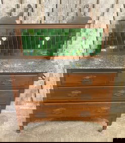 Antique Victorian Dual Harp Marble Washstand Cabinet With Green Tile Backsplash 19"X43"X53"