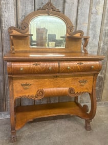 Antique Tiger Oak Style Carved Crest And Front Paw Footed Sideboard With Beveled Mirror