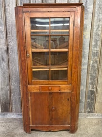 Early American Pine Corner Cabinet 19th Century With Glass Doors Measuring 37"X18"X73.5"