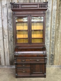 Victorian Walnut Cylinder Desk With Burled Accents And Carved Crest 22"X39"X84"