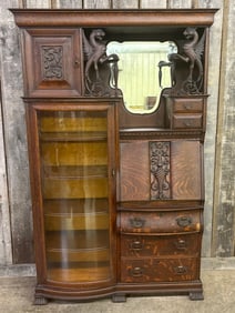 Antique RJ Horner Style Side By Side Curio - Secretary Desk With Griffin Accents And Beveled Mirror.