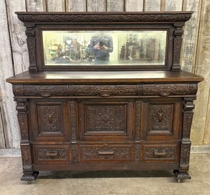 Antique Carved Oak Sideboard Renaissance Revival Style With Beveled Mirror Back 24"X64"X63"