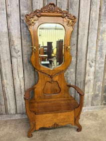 Antique Ornate Carved Oak Hall Tree With Beveled Mirror And Brass Hangers 17"X36"X78"