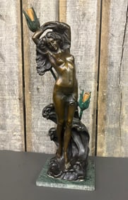Rare "Sea Nymph" Lighted Heavy Bronze Sculpture Attributed To Italian Sculptor Vittorio Caradossi