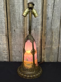 Antique Reverse Painted Pittsburgh Style Table Lamp Early 20th Century, 4 Panel; Working. 8"X22"