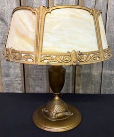 Art Nouveau Style Early 20th Century Antique Table Lamp With Solid Brass Base And Beautiful Slag
