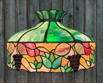 Early 20th Century Tiffany Style Stained Glass Chandelier Shade With Fruit - Grape Cluster Apron