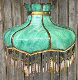 Antique Victorian Green 8 Panel Slag Glass Hanging Lamp Shade Chandelier With Hanging Beaded