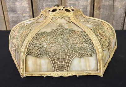 American Antique Slag Glass Lamp Shade With Filigree Overlay - Carmel Glass Shade; 6 Panel. 16.5"X7"