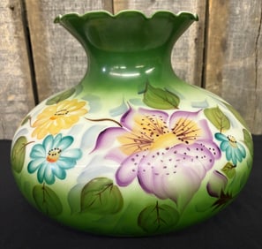 Antique Hand Painted Floral Decorated Hurricane Style Lamp Shade;10" Fitter. (13"X10")