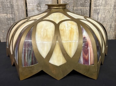 Antique Tiffany Style Slag Glass 6 Panel Stained Glass Tulip Lamp Shade 16"X9"
