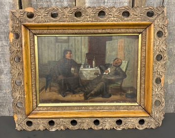 Early Antique Painting On Canvas Of Men At Tavern Or Private Room With Victorian Style Frame
