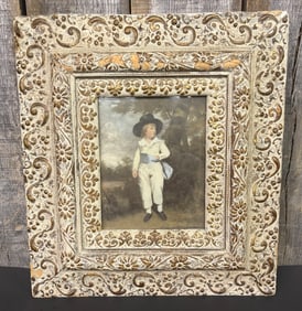 Early Framed Blue Boy Lithograph Style With White Wooden Frame And Handwritten Note On Back;