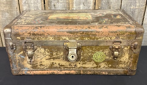 Early Leather Travel Trunk With Ship And International Cities Decoration; From Taylor Trunk