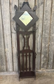 Antique Victorian Style Hall Tree With Carved Crest And Mirrored Back. 11"X19"X76"