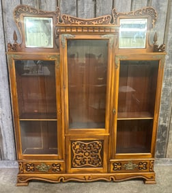 Victorian Antique Carved Oak Three Door Mirrored Back Bookcase Or Display 16"X61"X76"