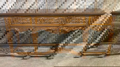 Heavily Carved American Walnut Buffet Sideboard With Carved Figural Bust In Center Drawer. Measuring