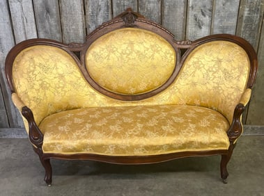 Victorian Walnut Sofa With Carved Figural Bust In Crest Attributed To John Jellif; Measuring