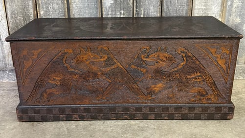 Early Highly Carved Oak Blanket Chest With Carved Lions And Dragons On All Sides And Poem Carved On