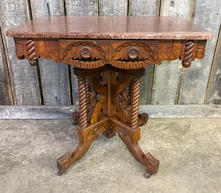 Late 1800's Walnut Victorian Carved Parlor Table With Heavy Carvings, Burl Accents And Rope Twist