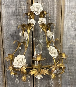 Vintage Italian Tole Gilt Leaves With White Porcelain Flowers Wall Sconce 7"X15"X20"