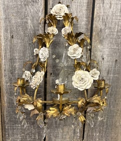 Vintage Italian Tole Gilt Leaves With White Porcelain Flowers Wall Sconce 7"X15"X20"