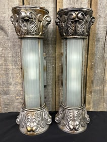 Pair Of Wall Mounted Decorated Column Style Ribbed Glass Shade Light Fixtures. Measuring 7"X10"X24"