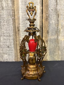 Antique Art-Deco Style Petite Table Lamp With Ornate Brass Metal Decoration; Measuring 5.5"X13"