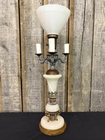 Vintage Brass And Marble - Alabaster Torch Lamp With Multiple Light Settings And White Pattern Glass
