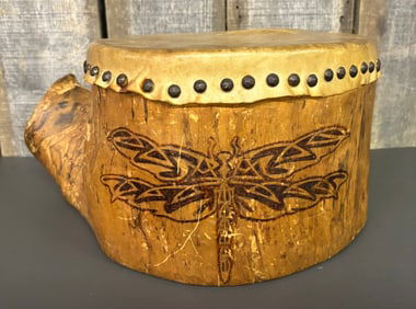 Handmade Spalted Maple Drum With Carved Dragonfly Decoration. With Encouraging Handwritten Note On