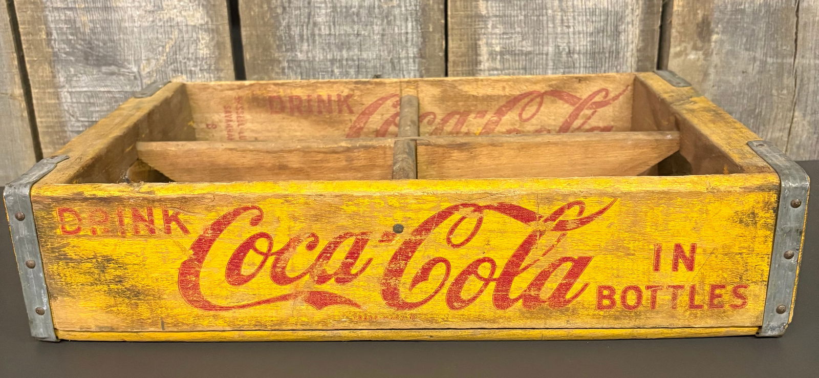 C. 1960's Louisville, KY. Drink Coca-Cola Yellow Wooden Bottle Crate 12"X18.5"X4" (1 of 5)