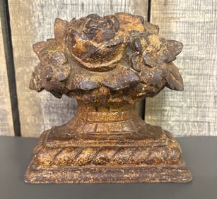 Antique Cast Iron Doorstop With Flower Basket Decoration 7"X7"