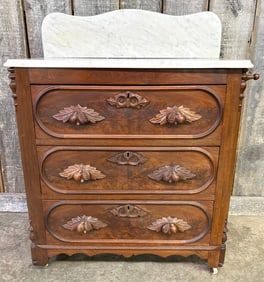 Antique Victorian Walnut Marble Washstand With Backsplash; 17"X32"X38"