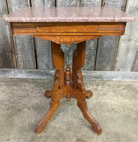 Victorian Carved Walnut Marble Top Parlor Table 16.5"X23"X29.5"