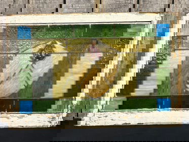 Antique Leaded And Stained Glass Window With Wooden Frame Measuring 36"X24"