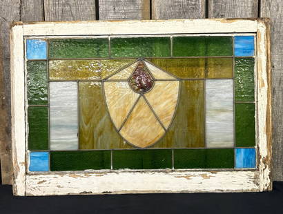 Antique Leaded And Stained Glass Window With Wooden Frame Measuring 36"X24": Antique Leaded And Stained Glass Window With Wooden Frame Measuring 36"X24"