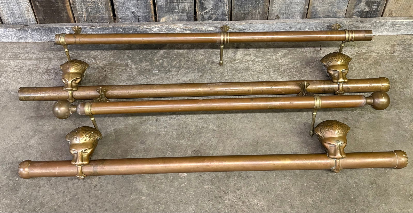 Rare Antique Brass Bar Rail And Foot Rail Set With 4 Solid Brass Lion Head Bar Rail Brackets; (1 of 8)